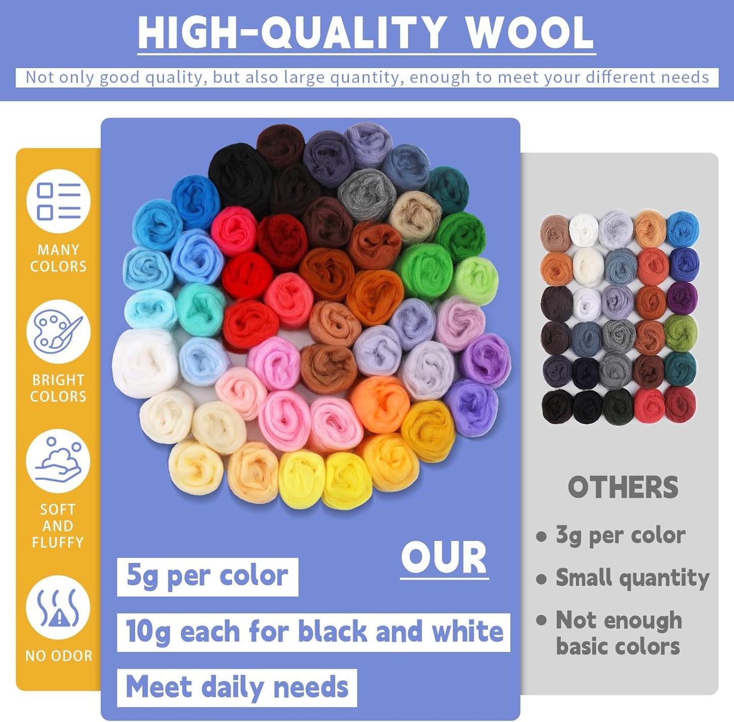 IMZAY 50 Colors Needle Felting Wool, 5g/Pack Wool Roving Yarn, 9.2 Oz Fiber Wool Roving for DIY Hand Spinning, Felting Crafts, Needle Felt Roving DIY Craft, Black/White 10g Each