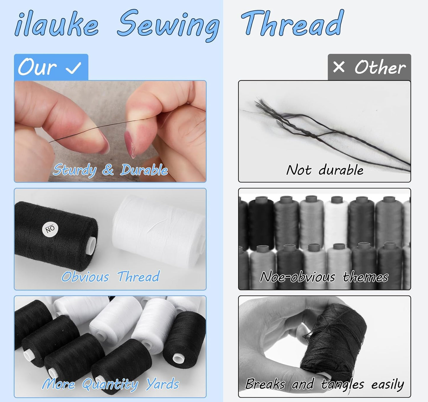 ilauke Sewing Thread, 12 Spool All Purpose Polyester Thread, Each 1000 Yards Sewing Thread for Hand Sewing,Quilting,Sewing Machine, 2 x White & 2 x Black