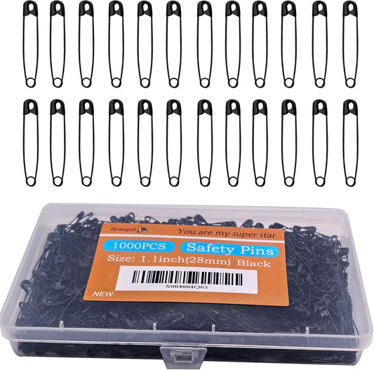 1000PCS Safety Pins, 1.1 inch Small Safety Pins, Rust-Resistant Nickel Plated Steel, Sharp Edge Safety Pin for Clothes, Sewing, 28mm Decorative Safety Pins Assorted (Black)