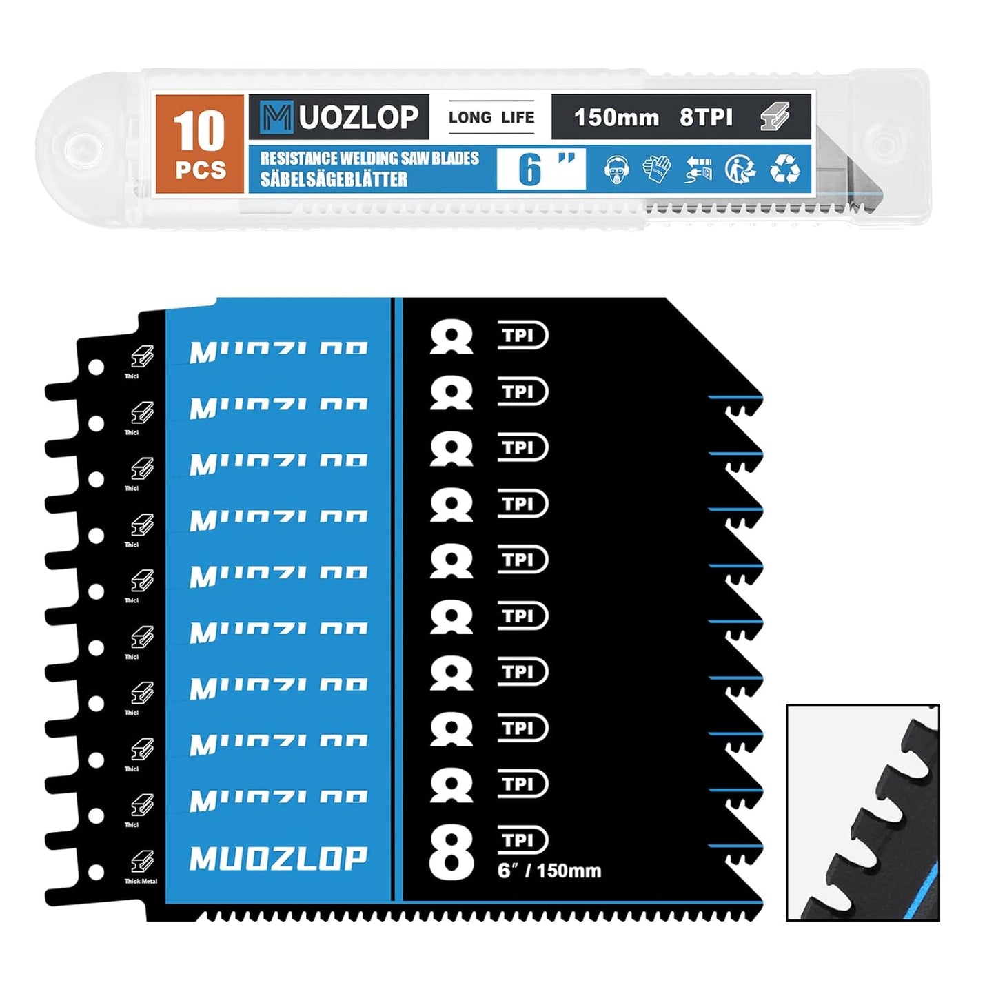 10 Pack 6 inch Reciprocating Saw Blades Set，8 TPI High Carbon Saw Blades for Metal ，Saw Blades with Organizer Case (10, 8T/6inch)