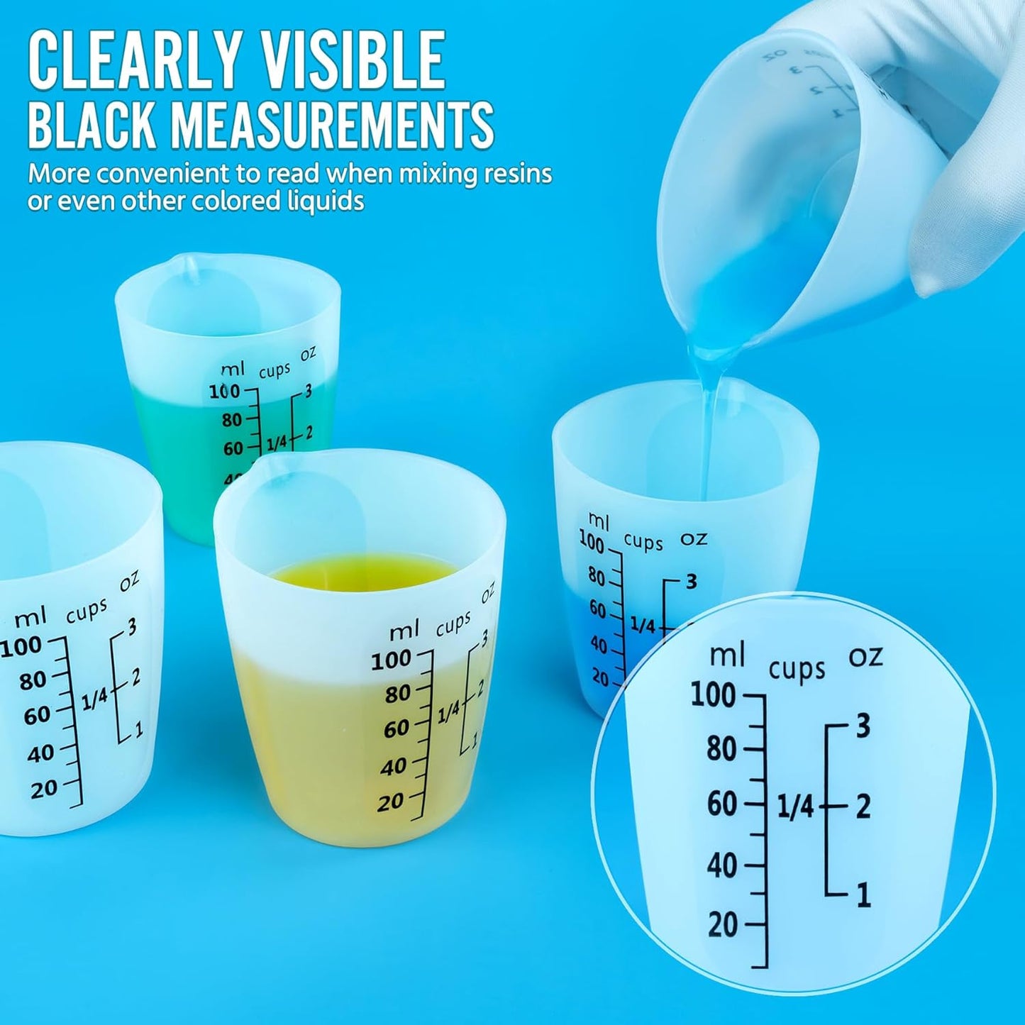 10Pcs Silicone Resin Mixing Measuring Cups 100ml for Resin Supplies, Easy-to-read Black Marks, Non-stick Reusable Silicone Pouring Cups for Epoxy Mixing