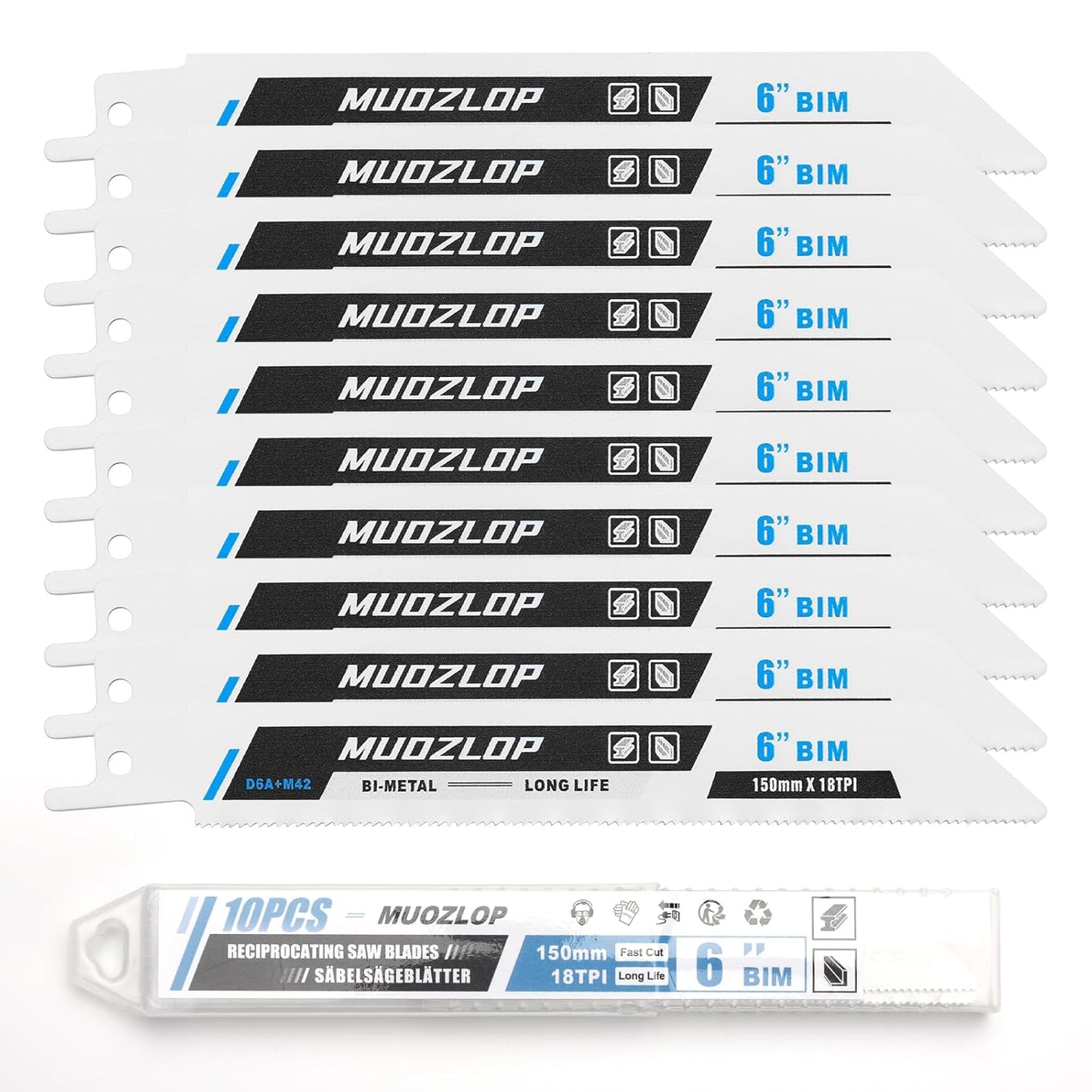 10 Pack 6inch Reciprocating Saw Blades Set,18 TPI High Carbon Saw Blades, Metal Saw Blades with Organizer Case (10, 18TPI/150mm)