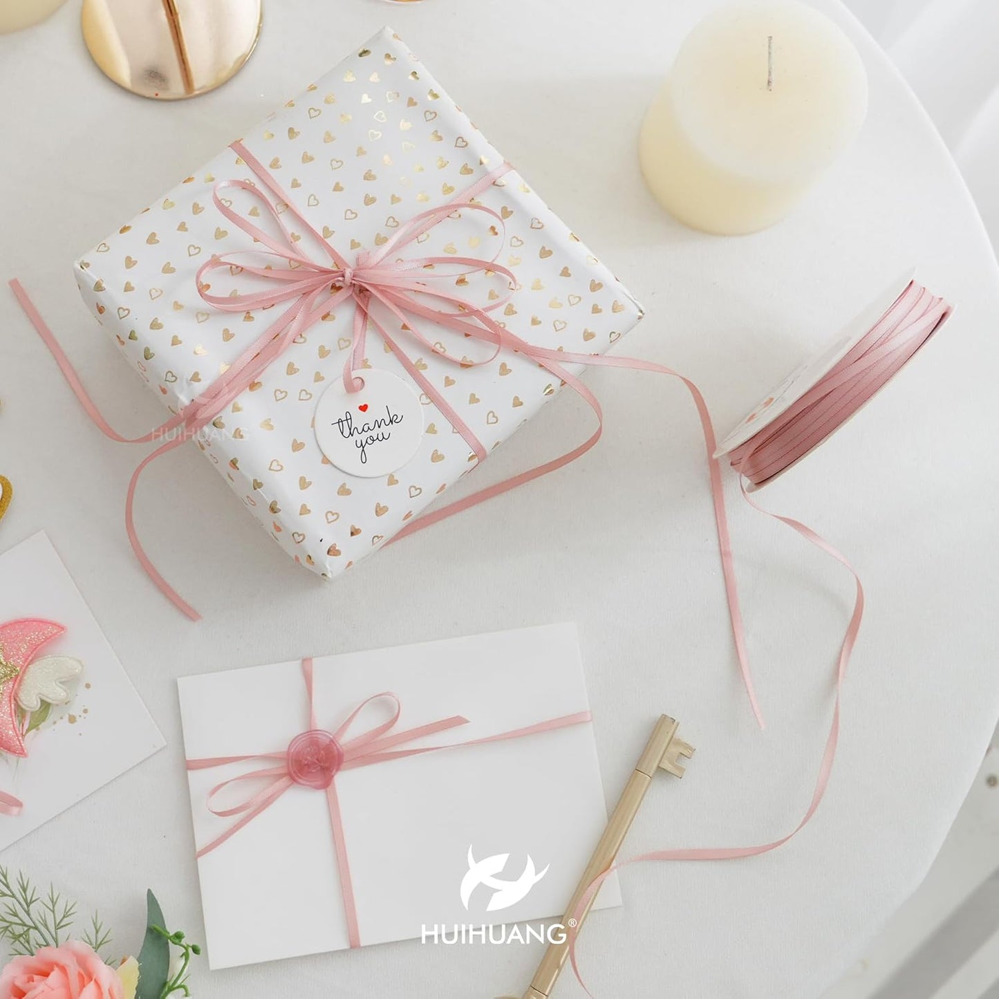 HUIHUANG Rose Gold Ribbon 1/8 inch Solid Color Thin Satin Ribbon 100 Yards Continuous for Crafts DIY Bows Decoration Sewing and Invitation Card Gift Tags Christmas Ornaments Wedding Decoration