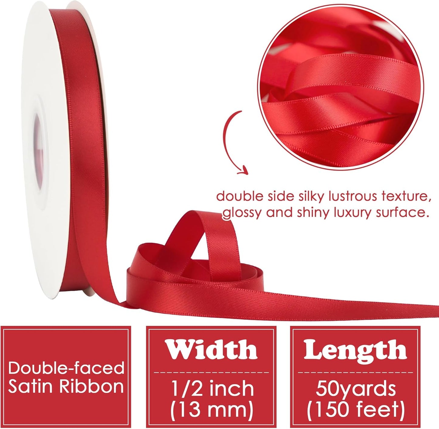 HUIHUANG Red Satin Ribbon 1/2 inch X 50 Yards Continuous, Red Double-Faced Satin Ribbon for Gift Wrapping, Bows, DIY Crafts, Flower Bouquet, Wedding, Christmas Decor, Birthday