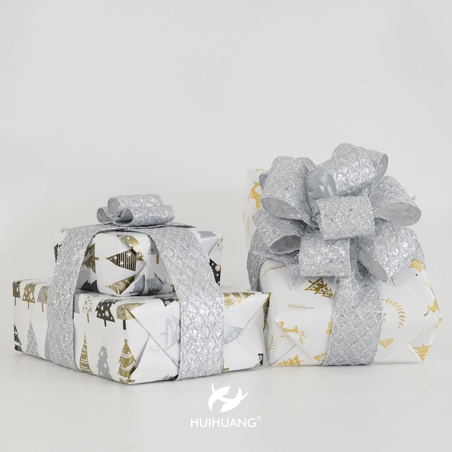 HUIHUANG Silver Glitter Wired Ribbon for Christmas Tree 2.5 inch Silver Diamond Mesh Ribbon for Tree Decoration, Wreaths, Garland, Gift Wrapping, Large Bows Making, Home Decor -10 Yards