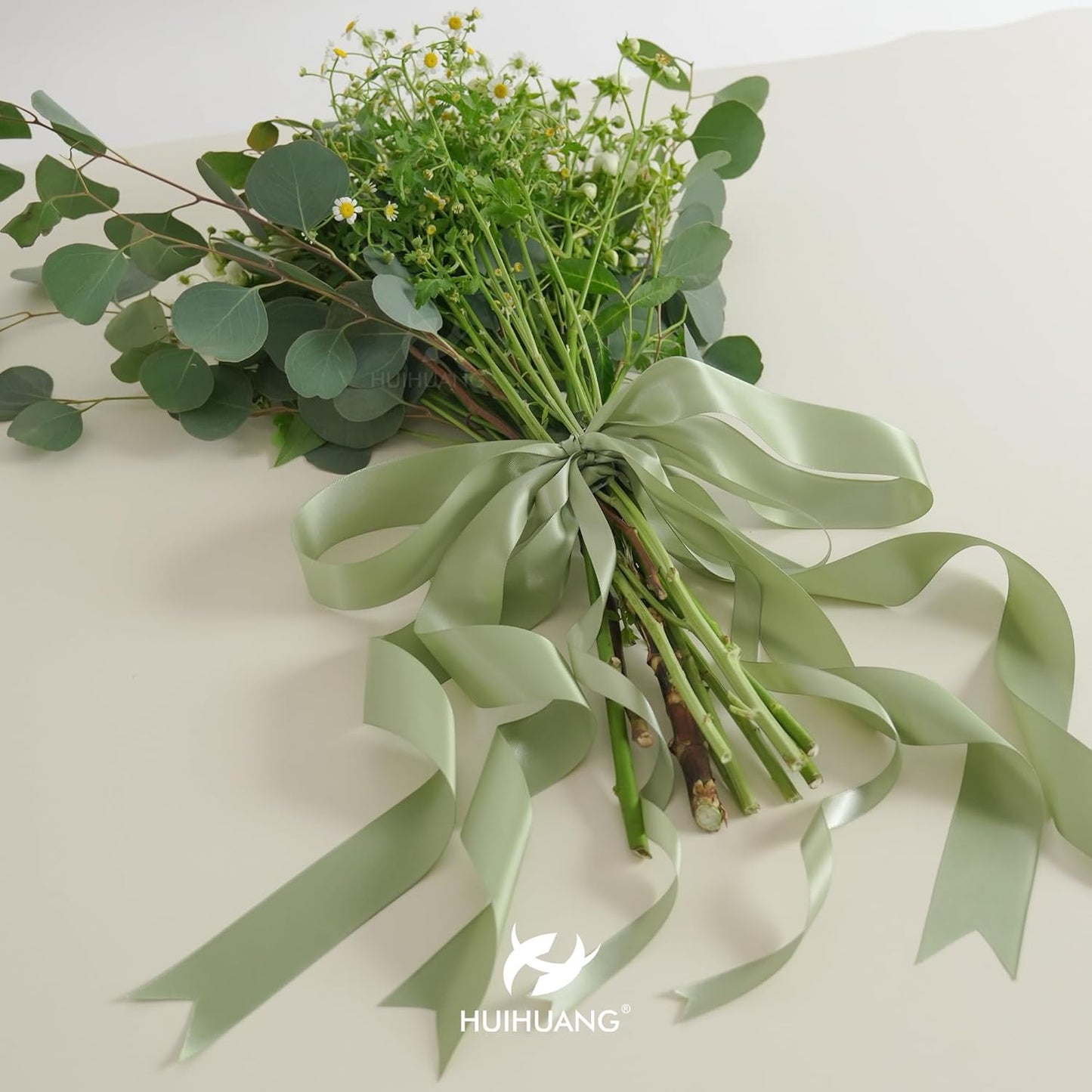 HUIHUANG Sage Green Double Faced Satin Ribbon 1/2 inch X 50 Yards Continuous, Dusty Sage Satin Ribbon for Gift Wrapping, Bows, DIY Crafts, Flower Bouquet, Bridal Shower Wedding Decor