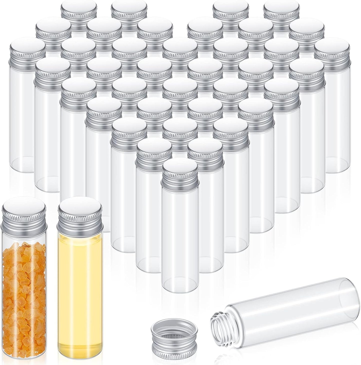 100 Pcs Small Clear Vials Spice Mini Jars with Lids Mini Glass Bottles with Screw Aluminum Metal Caps Tiny Jars Sample Containers for Powder Cream Cosmetic Jewelry Wedding (20 ml,Silver Caps)