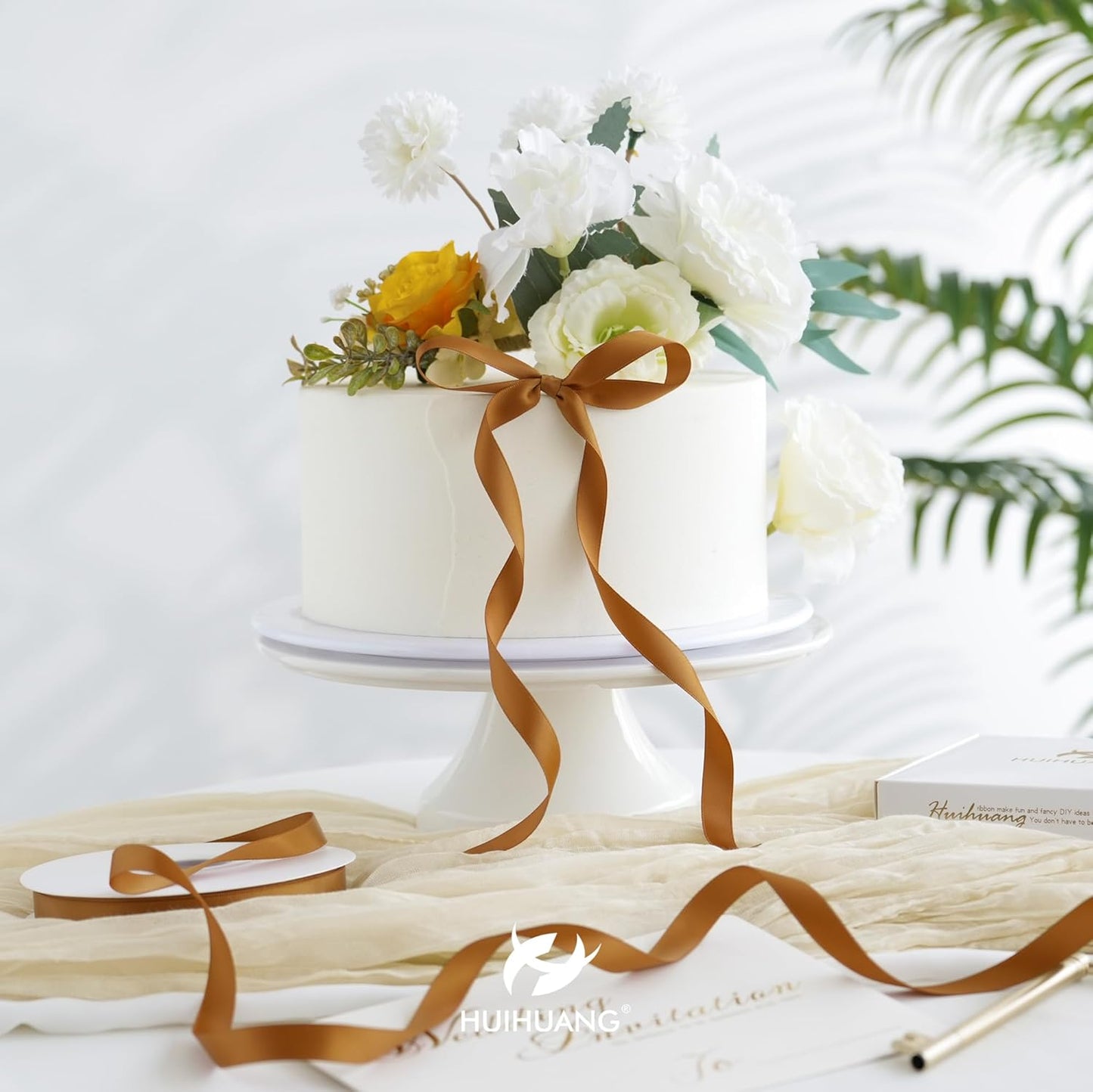 HUIHUANG Copper Satin Ribbon 1/2 inch X 50 Yards Continuous, Bronze Double-Faced Satin Ribbon for Gift Wrapping, Bows, DIY Crafts, Flower Bouquet, Wedding Bridal Shower Decor, Flower Crown