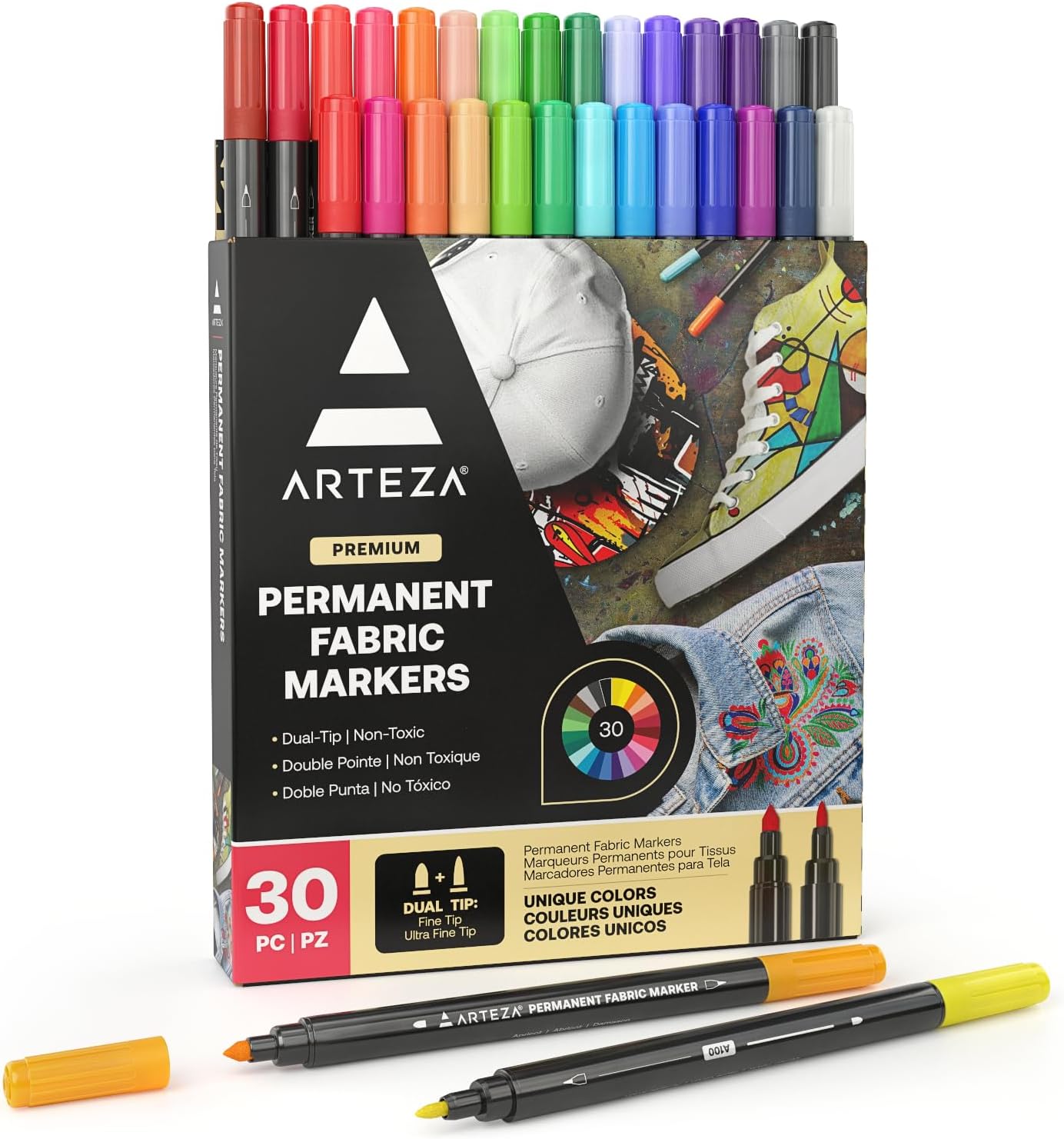ARTEZA Fabric Markers, Set of 30, Colored Permanent Textile Markers, Dual-Tip Pens for Coloring T-Shirts, Jeans, Jackets, Backpacks
