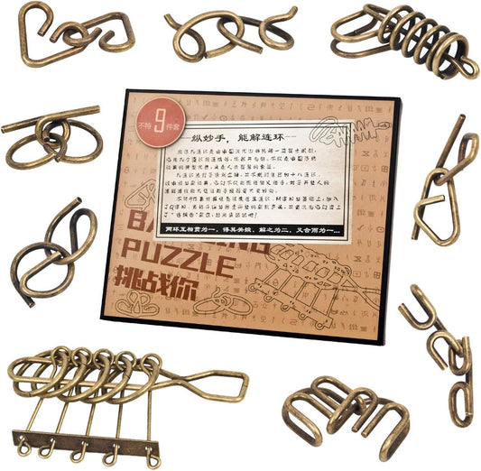 Assorted Ancient Metals Puzzle Brone Color Stress Relief Toys 9 Pack IQ Wire Puzzles with Paper Box Gift Package Great Educational Metals Still Puzzle Games Toys for Children and Adults by AHYUAN