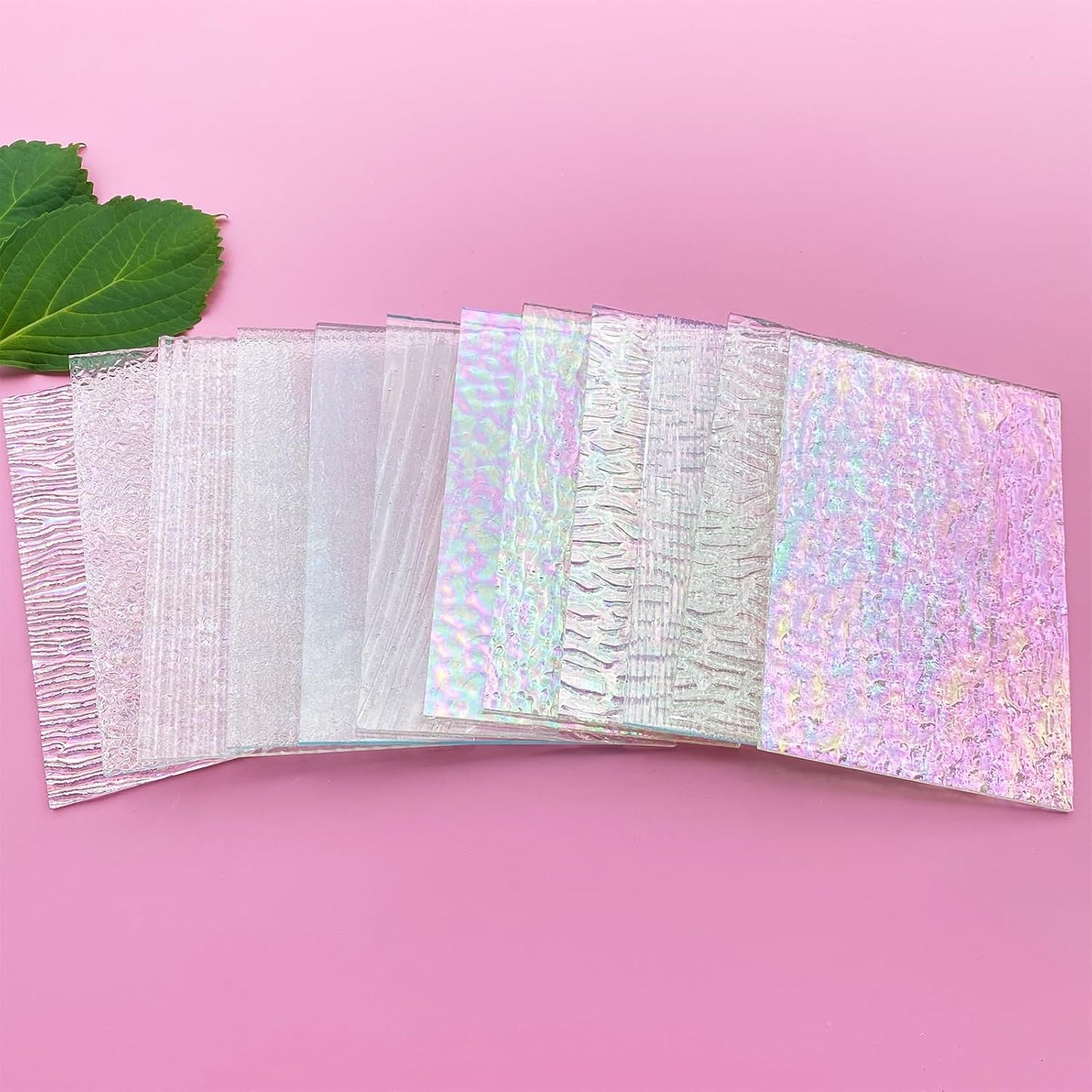 ILLUCKAI 12 Sheets Clear Textured Stained Glass Sheet, 4 x 6 inch Rainbow Iridescent Cathedral Art Glass Variety Textures, Stained Glass Supplies for Stained Glass Projects and Mosaic Crafts