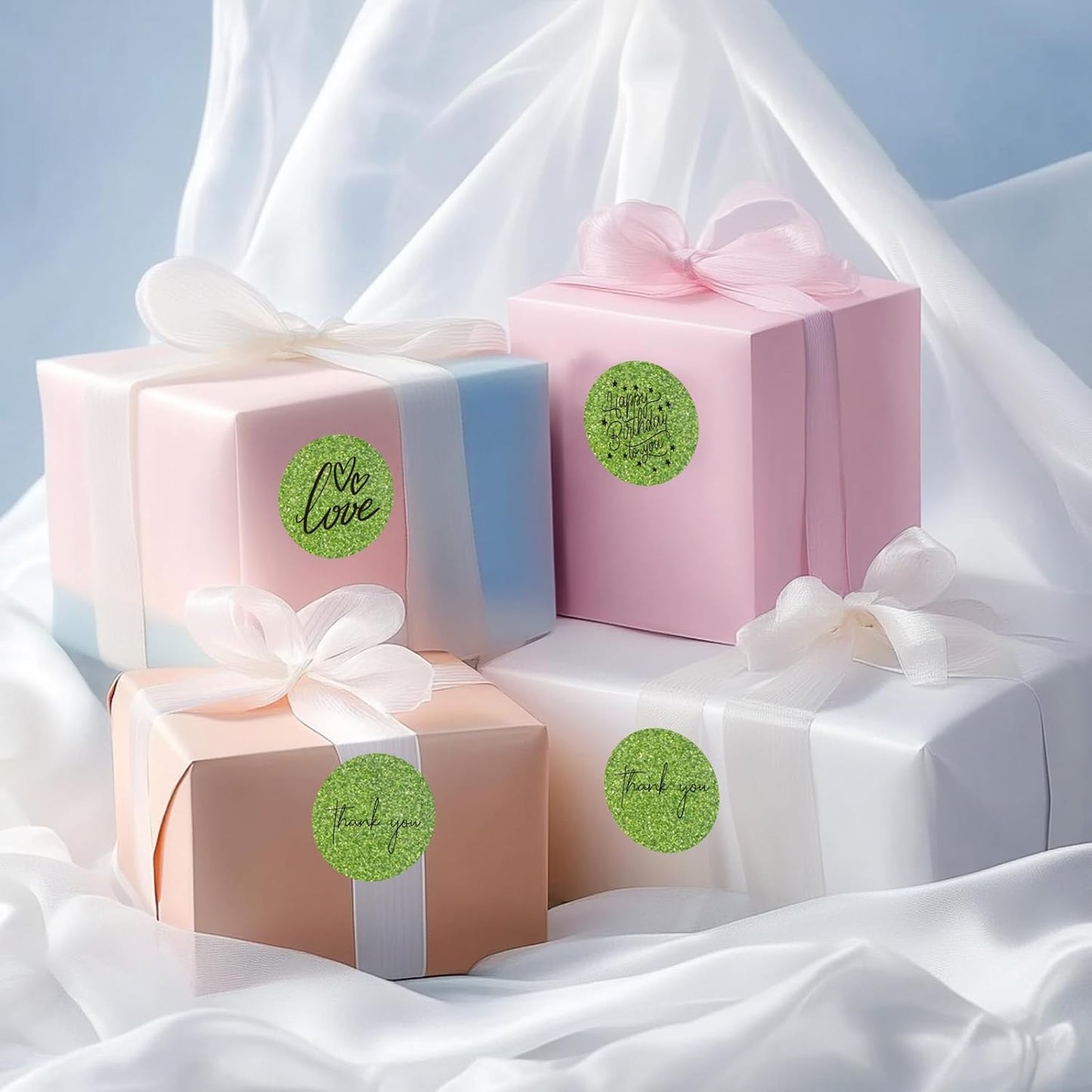 1.5" Holographic Direct Thermal Label Stickers, Round Printable Rainbow Glitter Thermal Printer Sticker Labels for Gift Wrapping, Self-Adhesive DIY Custom Logo Design- Glitter Green