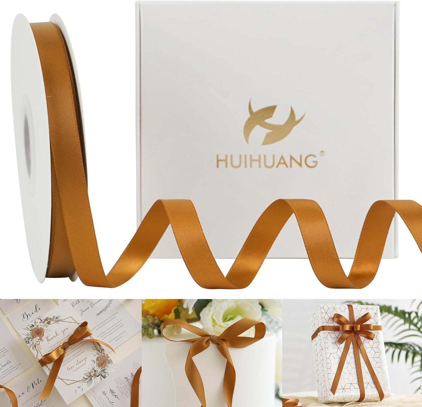 HUIHUANG Copper Satin Ribbon 1/2 inch X 50 Yards Continuous, Bronze Double-Faced Satin Ribbon for Gift Wrapping, Bows, DIY Crafts, Flower Bouquet, Wedding Bridal Shower Decor, Flower Crown