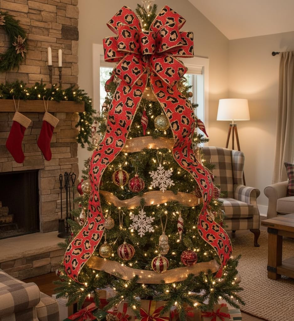 CT CRAFT LLC Burlap Leopard Fabric Wired Ribbon 2.5" x 10 Yards Red with Black and Gold Color for Christmas Home Wedding Decor Gift Wrapping Tree Topper Bow Wreath Bouquet DIY Crafts