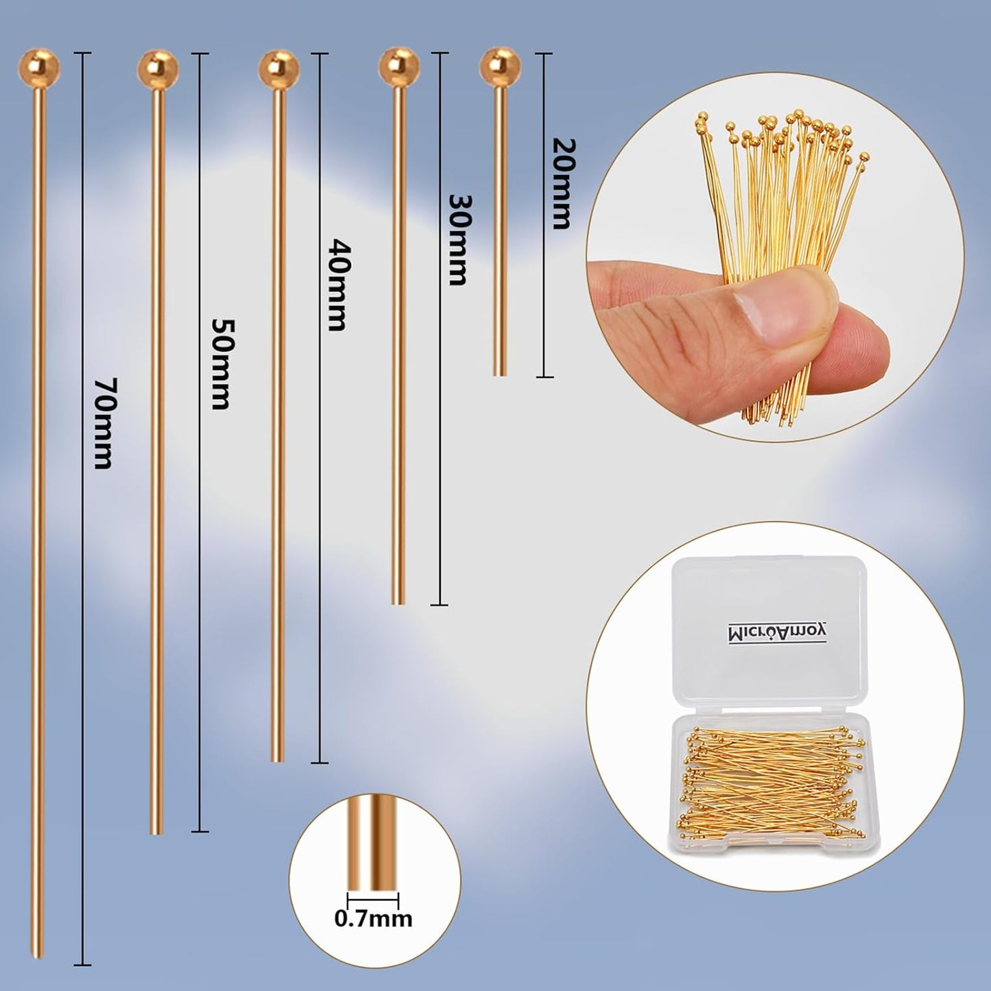 100pcs 18K Gold Filled Ball Pins Non Tarnish Craft Earring Bracelet Jewelry Making Accessories Supplies (50mm (1.96in), Gold-Ball Pin)