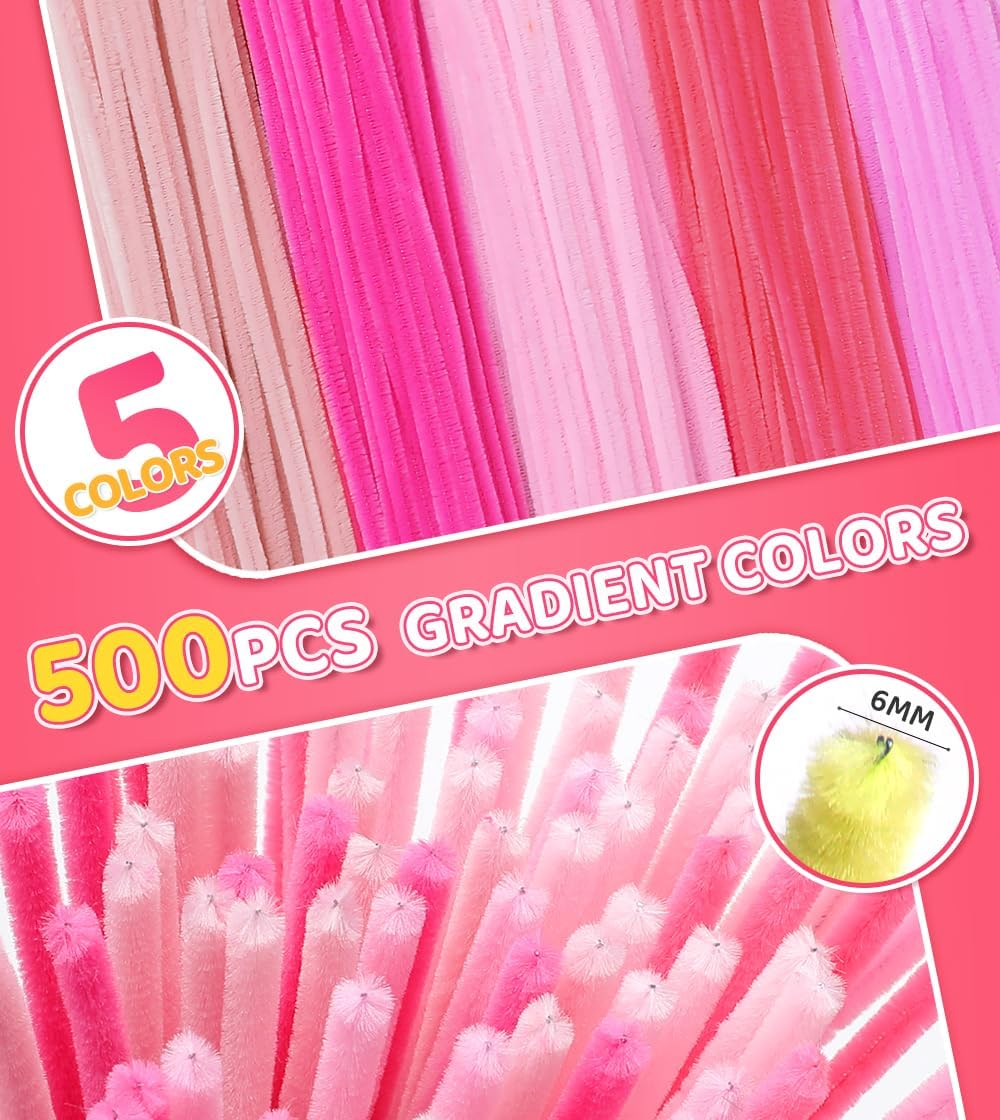 IOOLEEM Pink Pipe Cleaners,500pcs in 5 Colors, Chenille Stems for Art and Craft Projects, Flower DIY Decorations