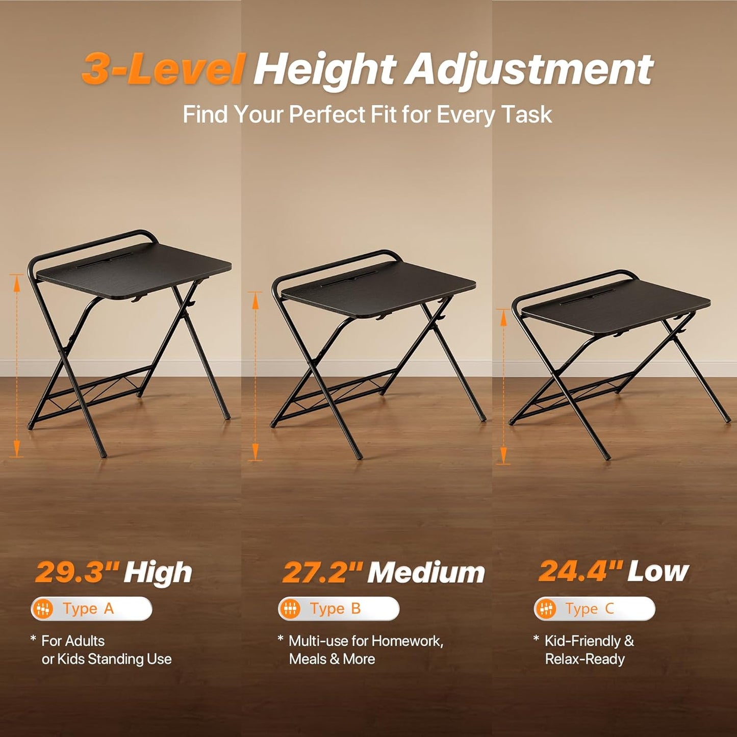 Huuger Folding Desk with 3-Level Adjustable Height and Tablet Slot, 32 Inch Foldable Computer Desk for Small Spaces, Space Saving, Writing Work Table for Home Office, Bedroom, Study, Black