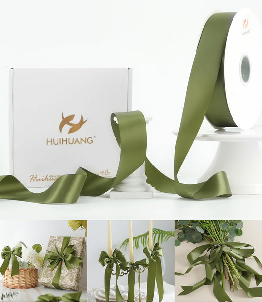 HUIHUANG Green Satin Ribbon 1-1/2 inch x 100 Yards Moss Green Double-Faced Satin Ribbon for Flower Bouquet, Gift Wrapping, Eternal Roses, DIY Crafts, Bridal Shower Wedding Decor