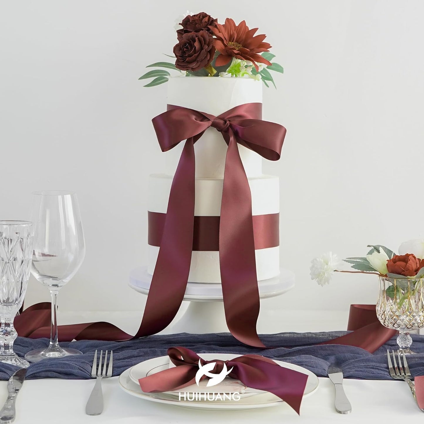 HUIHUANG Burgundy Ribbon 2 inch Double Side Burgundy Satin Fabric Ribbon for Crafts, Bows Making, Flower Bouquet Wrap, Gift Wrapping, Wedding Decor, Home Decor, Hairs-25 Yards/Roll