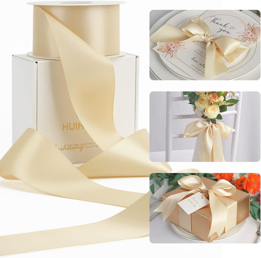 HUIHUANG Champagne Gold Ribbon 2 inch Double-Faced Champagne Satin Ribbon for Wedding Flower Bouquet, Dress Chair Sashes, Invitations Card, Gift Wrapping, Bows, Crafts, Holiday Decor -25 Yards/Roll