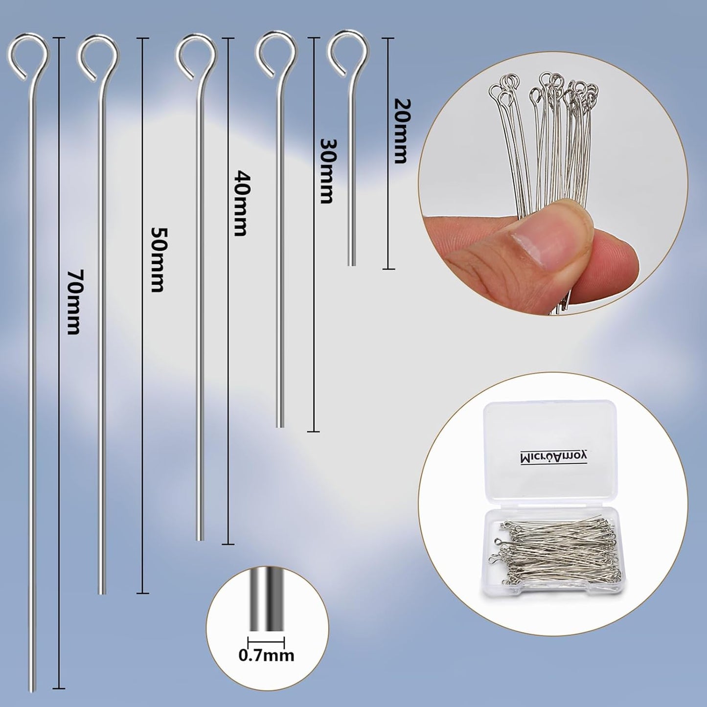 100pcs Silver Filled Eye Pins Non Tarnish Craft Earring Bracelet Jewelry Making Accessories Supplies (70mm (2.75in), Silver-Eye Pin)