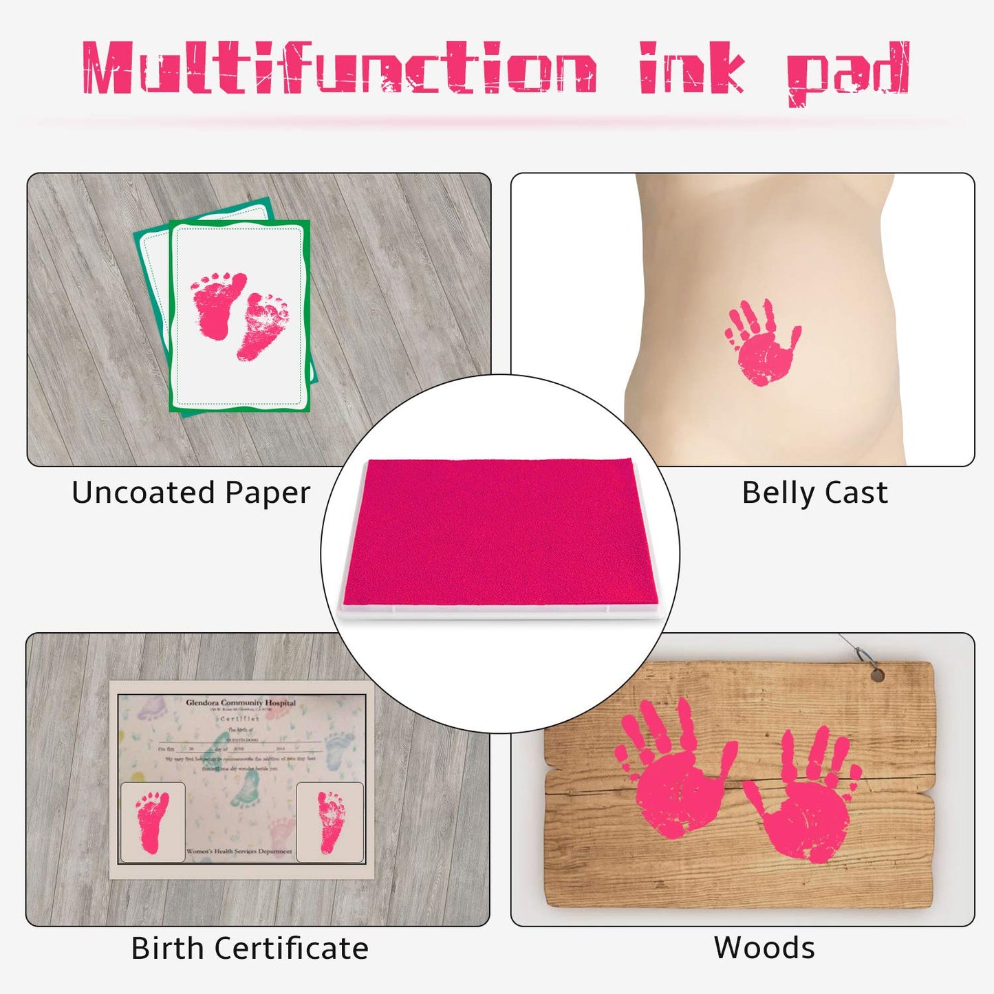 Ink Pad, 5x4'' Washable Non-Toxic Ink Stamp Pad for Baby Footprint Handprint, Pink