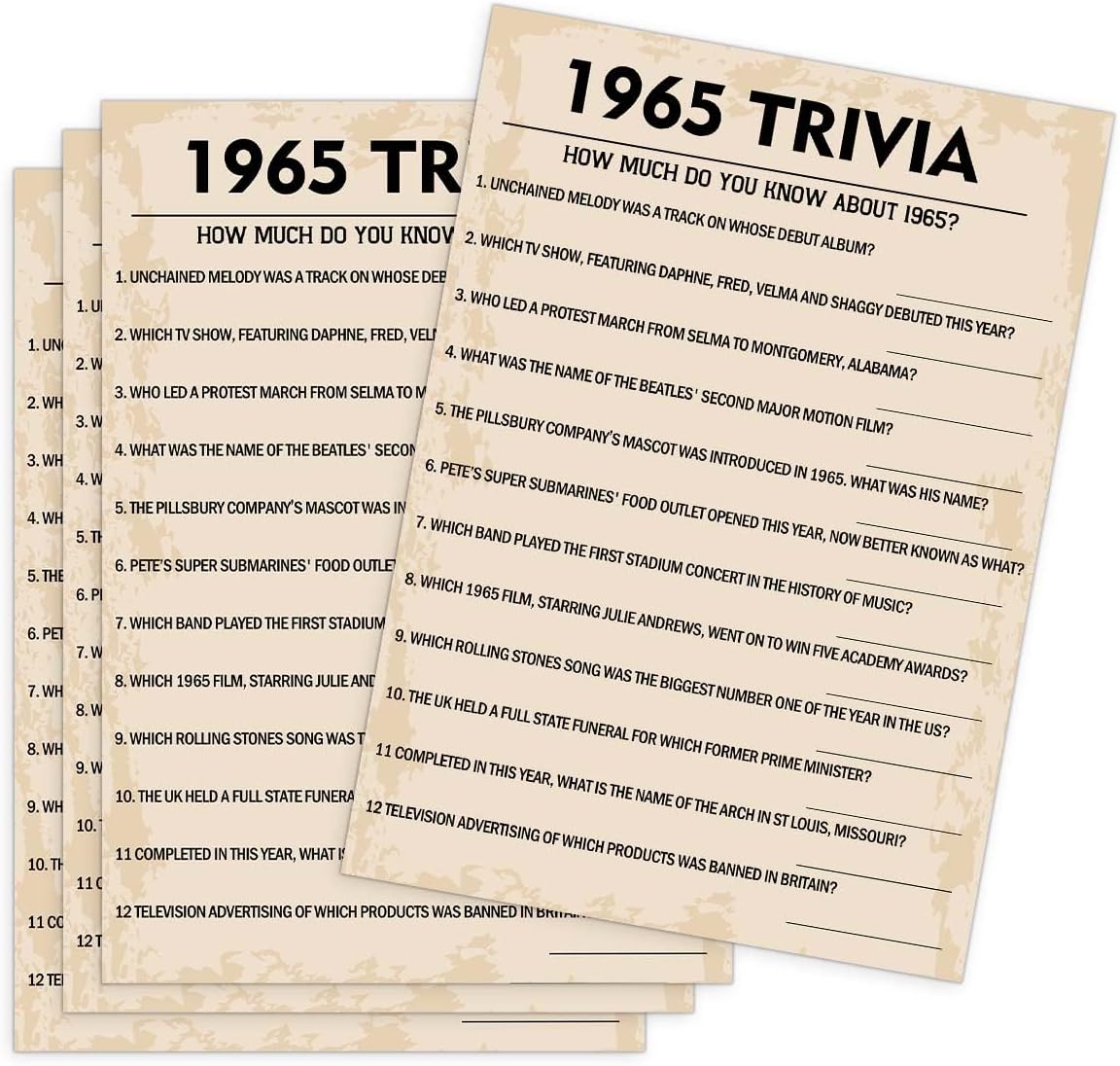 QUPT 60th Birthday Party Games, 1965 Trivia Games, Birthday Party Supplies for Adults, Fun 1965s Party Game，Pack of 30 Cards