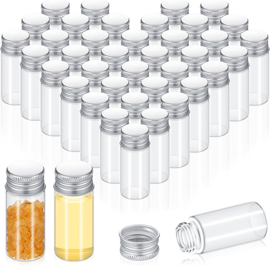 100 Pcs Small Clear Vials Spice Mini Jars with Lids Mini Glass Bottles with Screw Aluminum Metal Caps Tiny Jars Sample Containers for Powder Cream Cosmetic Jewelry Wedding (10 ml,Silver Caps)