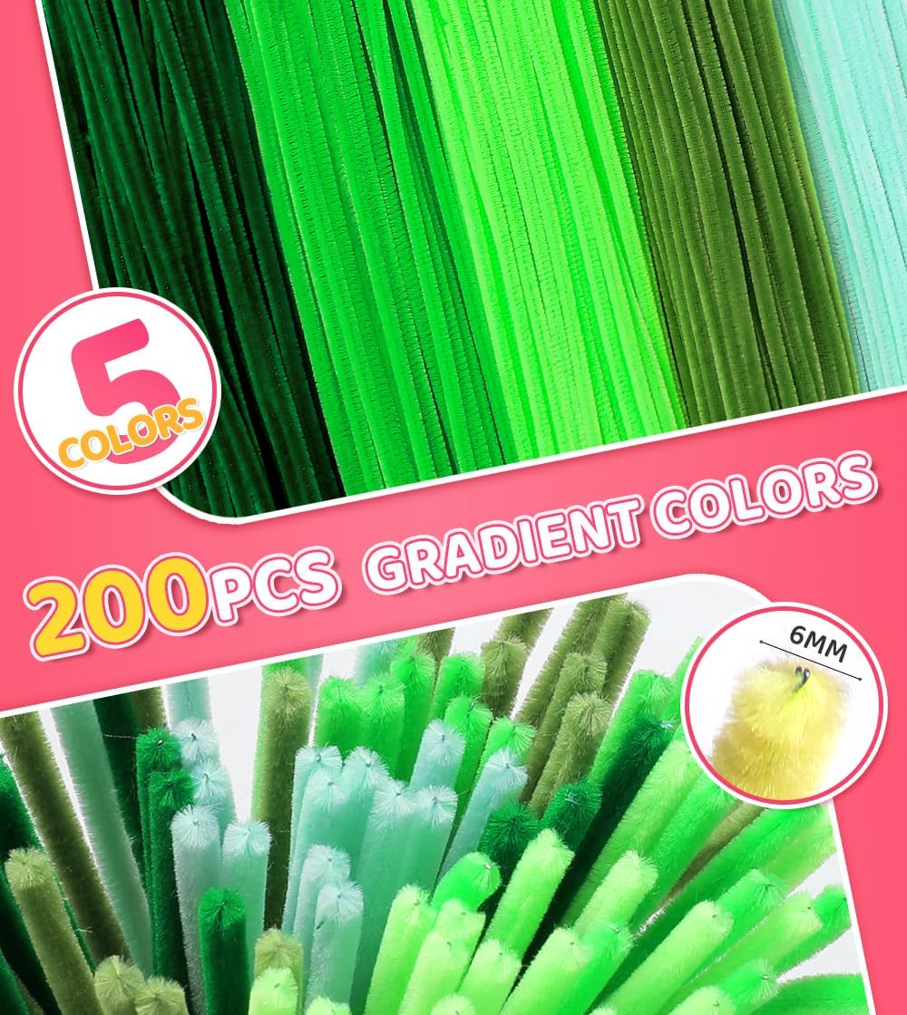 IOOLEEM Green Pipe Cleaners,200pcs in 5 Colors, Chenille Stems for Art and Craft Projects, Flower DIY Decorations