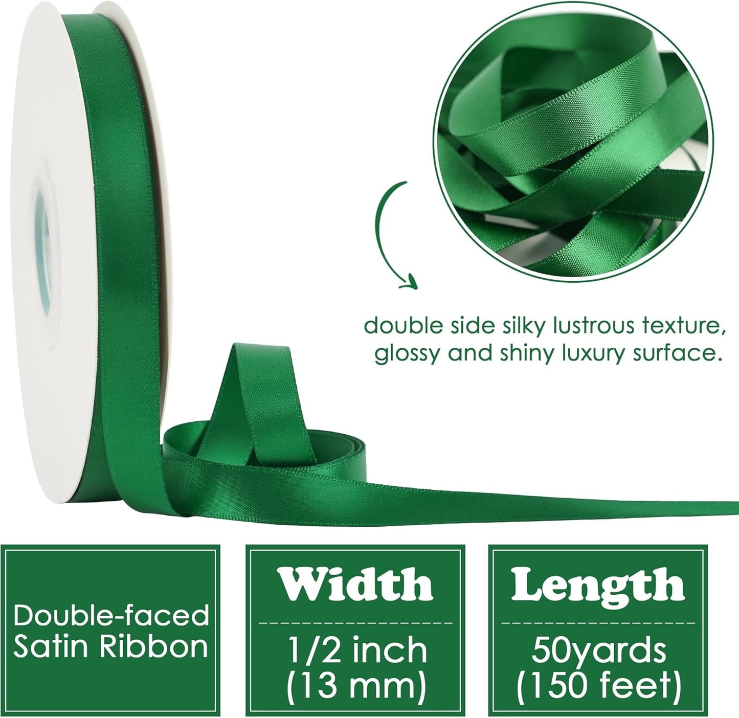 HUIHUANG Forest Green Satin Ribbon 1/2 inch X 50 Yards Continuous, Green Double-Faced Satin Ribbon for Gift Wrapping, Bows, DIY Crafts, Flower Bouquet, Holiday Home Decor