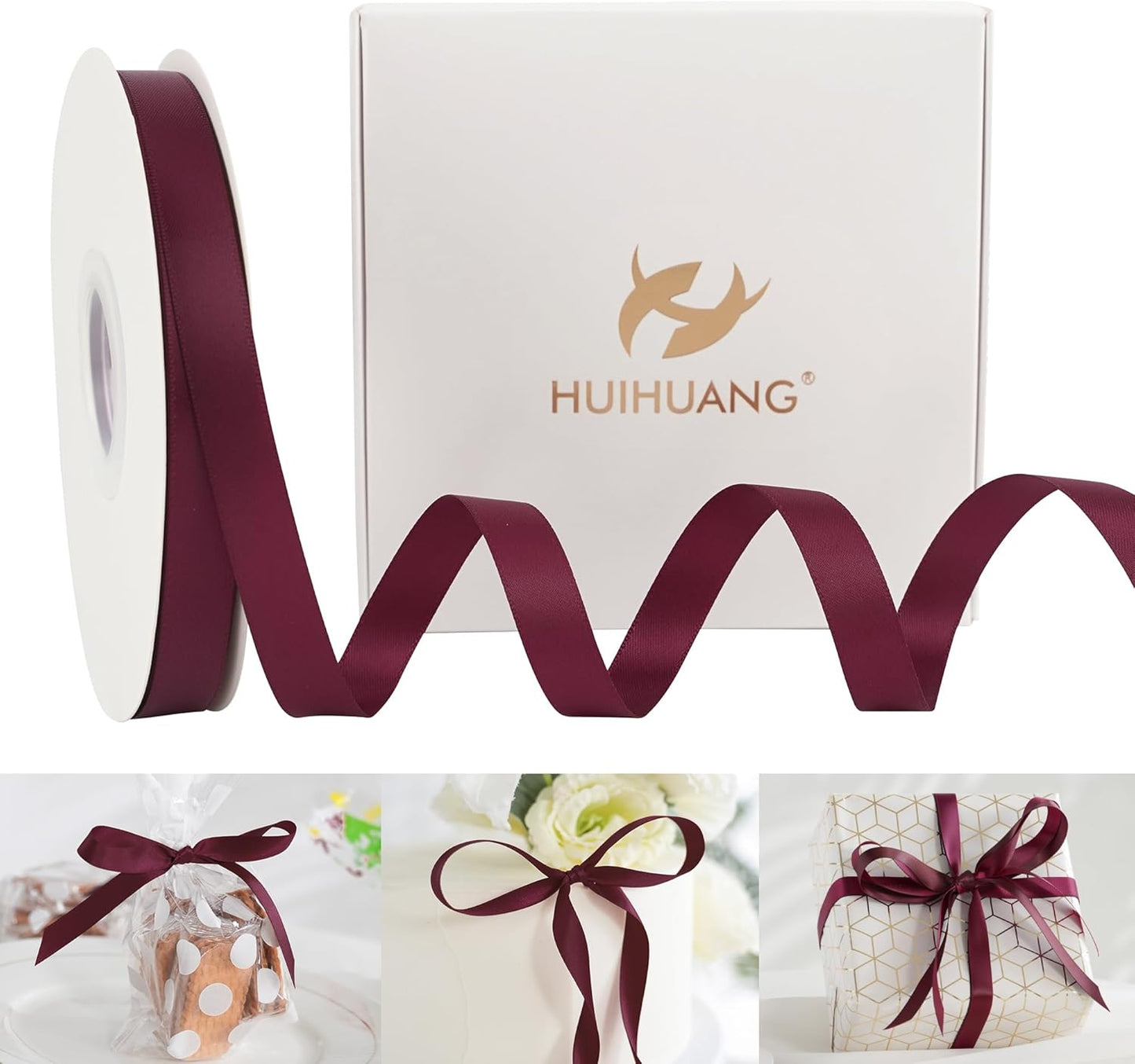 HUIHUANG Wine Red Satin Ribbon 1/2 inch X 50 Yards Continuous, Maroon Double-Faced Satin Ribbon for Gift Wrapping, Bows, DIY Crafts, Flower Bouquet, Wedding, Christmas Decor, Birthday