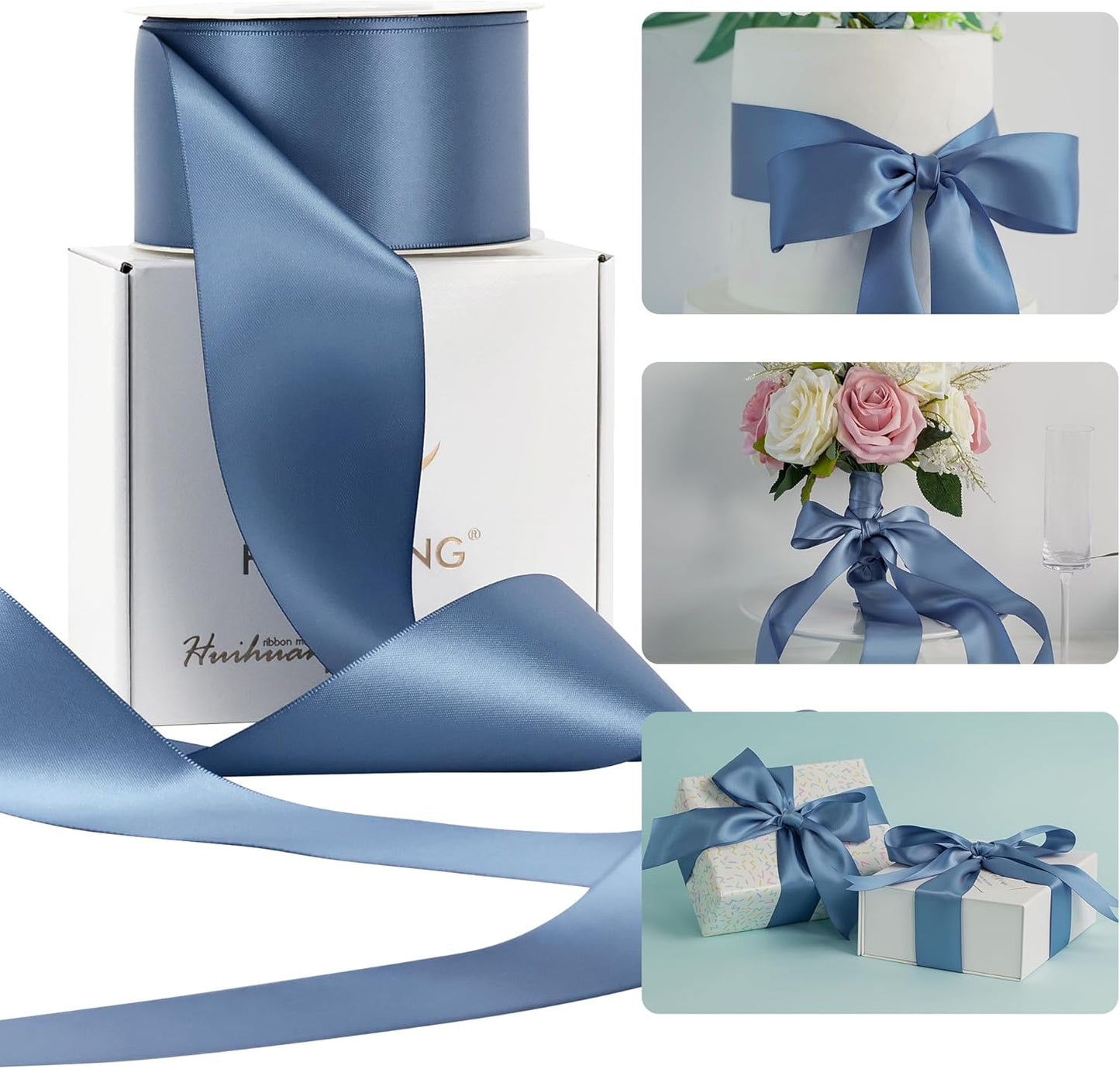 HUIHUANG Smoke Blue Ribbon 2 inch Wide Double-Faced Blue Satin Ribbon for Crafts, Bows Making, Flower Bouquet Wrap, Gift Wrapping, Wedding Bridal Shower Decor, Home Decor -25 Yards/Roll