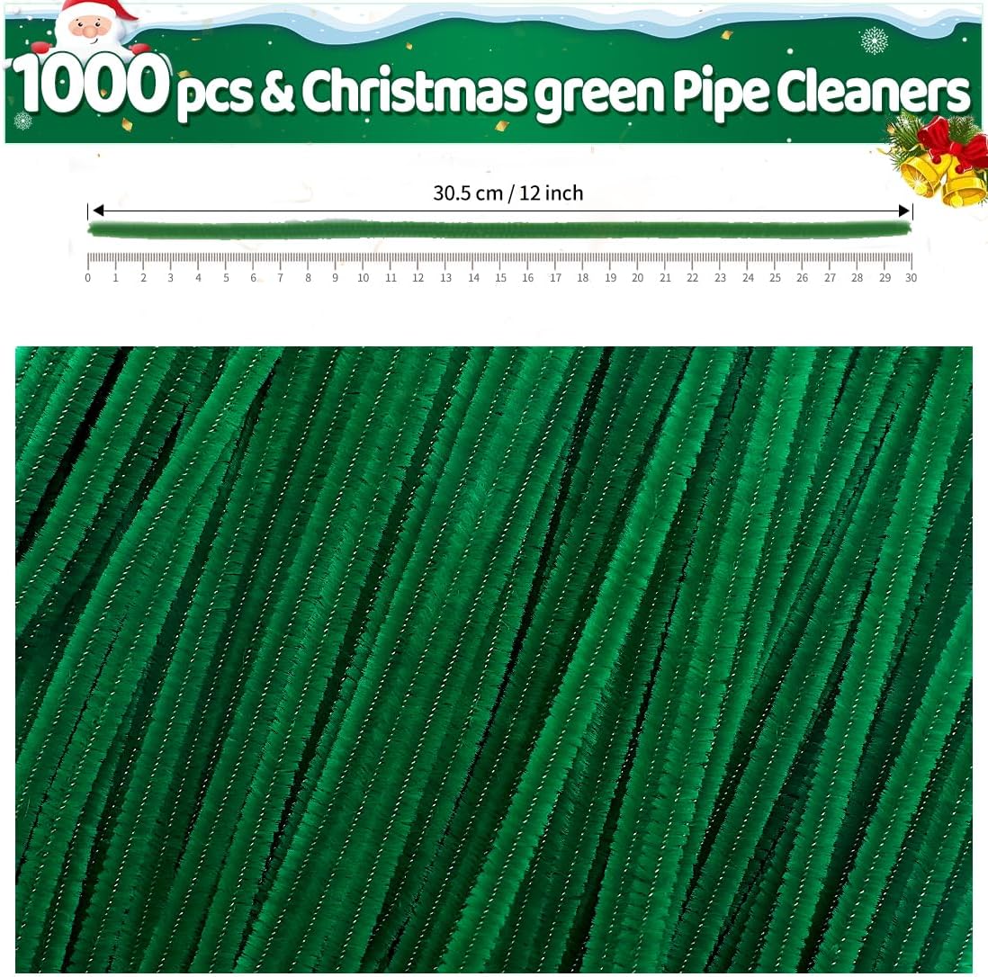 Iooleem 1000pcs Christmas Green Pipe Cleaners, Chenille Stems, Pipe Cleaners for Crafts, Pipe Cleaner Crafts, Art and Craft Suppl.