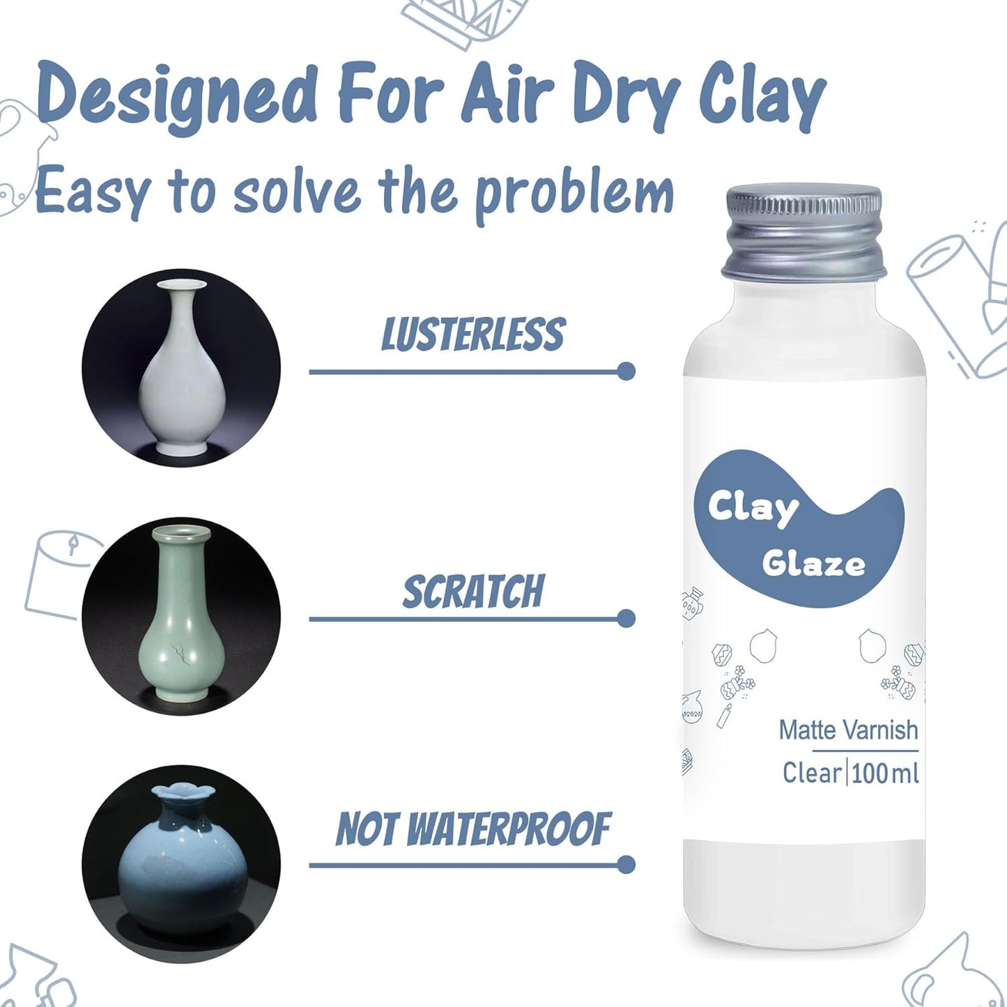 100ml Air Dry Clay Glaze, Clay Varnish for Air Drying Clay, Clear Acrylic Varnish for Craft Pottery Waterproof & Matte Finish