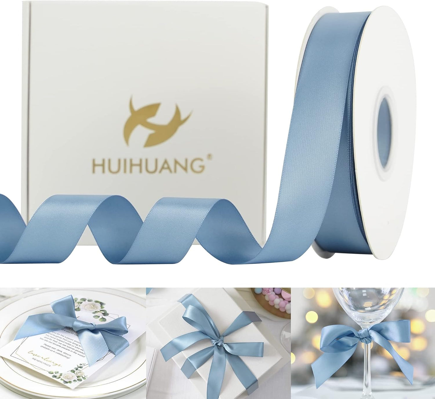 HUIHUANG Dusty Blue Satin Ribbon 50 Yards Double Faced Satin Ribbon 1 inch Blue Silk Ribbon for Gift Wrapping Bows Crafts Bridal Floral Bouquet Cake Wedding Invitation Card Birthday Party Decor