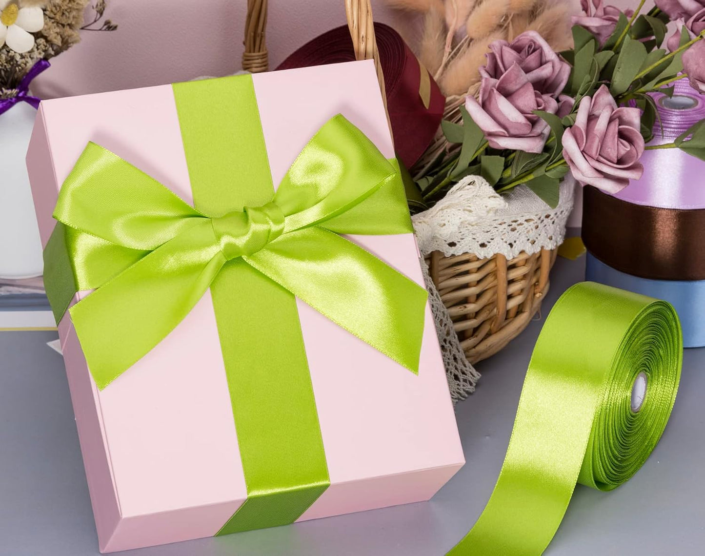 1 1/2 Inch Apple Green Solid Satin Ribbon, 50 Yards Craft Fabric Ribbon for Gift Wrapping Floral Bouquets Wedding Party Decoration