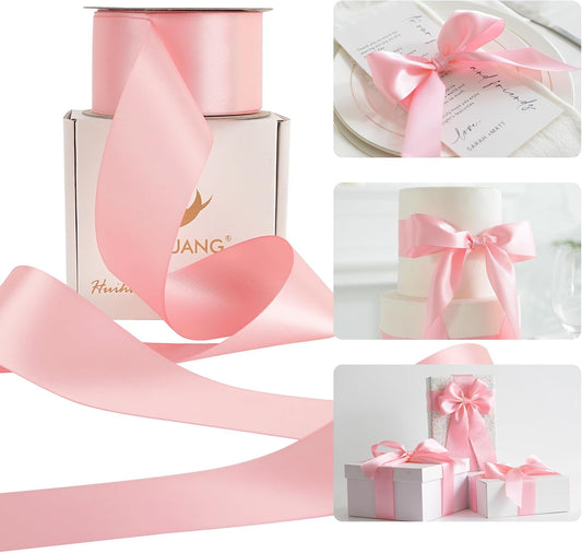 HUIHUANG Pink Satin Ribbon 2 inch Wide Double Faced Satin Ribbon Pink Ribbon for Gift Wrapping, Bows Making, Flower Bouquet, DIY Crafts, Wedding Bridal Shower, Holiday Party Decor-25 Yards/Roll