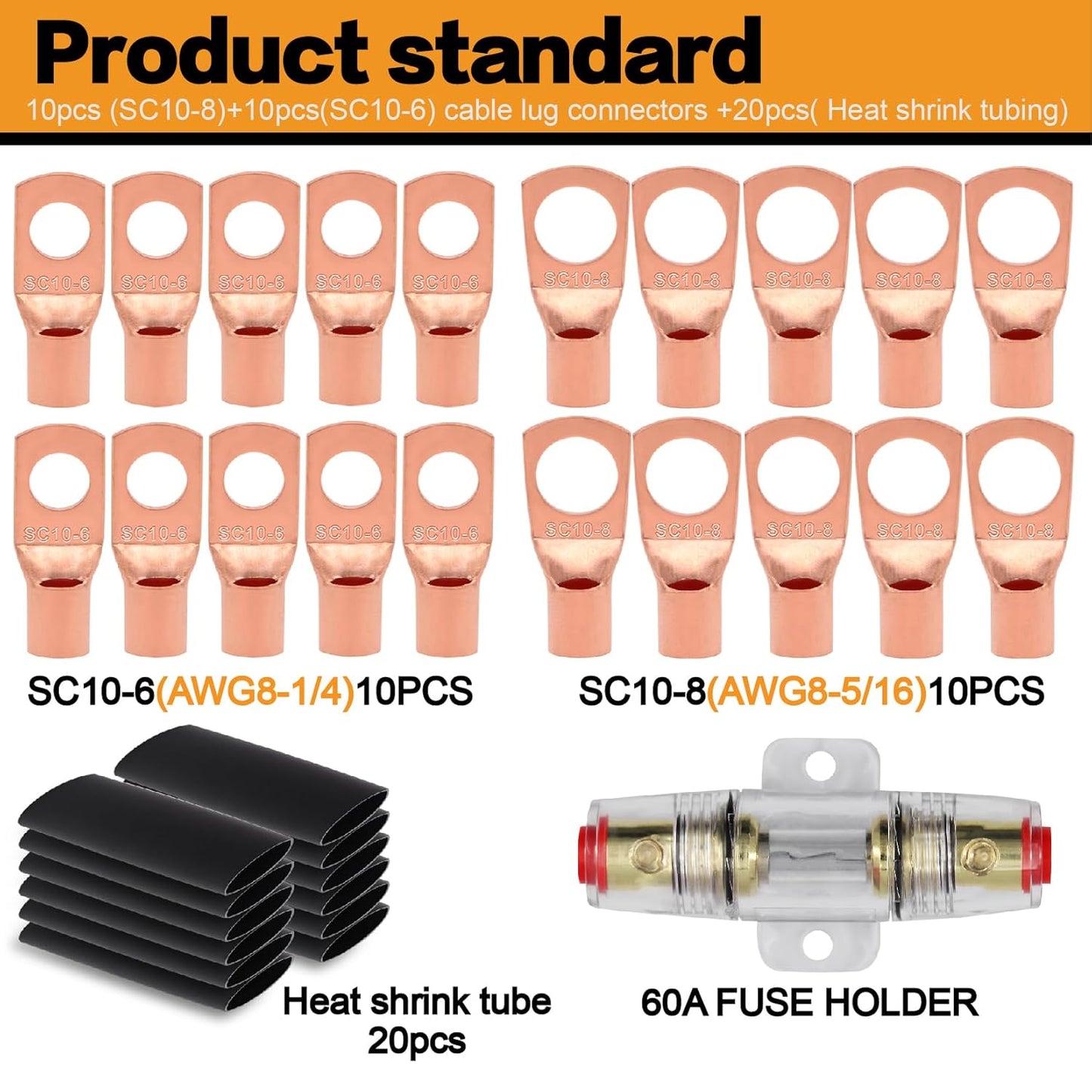 100FT 8 Gauge Wire Copper Clad Aluminum CCA Black/Red with 8ga lugs,60A Fuse Holder,Heat Shrink Tube - Battery Power/Ground Cable,Car Audio Speaker,RV Trailer Amp Wiring kit (50ft Each- Black/Red)