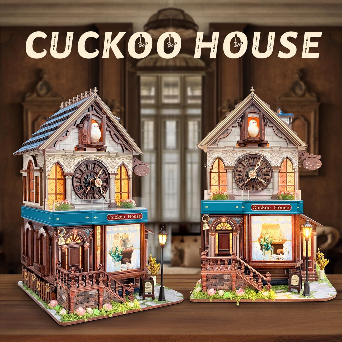 3D Wooden Puzzles - Miniature Cuckoo Clock House Kit, DIY Wooden Building Set for Adults and Teens, Mini Model Kit with 3-Mode Touch Switch - Cuckoo House (SQ-61)