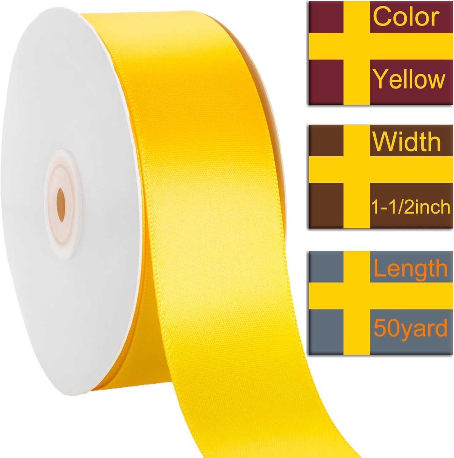 1-1/2 Inch Yellow Ribbon, 50 Yards Craft Polyester Satin Ribbon Perfect for Gift Wrapping, Handmade Roses, Wedding Party Decorations and DIY Crafts