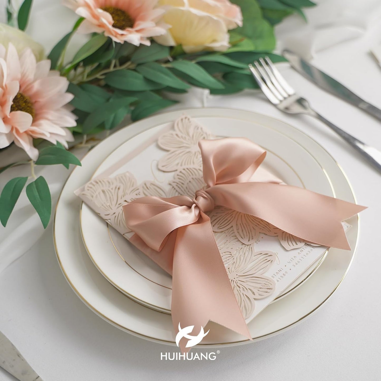 HUIHUANG Rose Gold Pink Ribbon for Wedding, 2" Double Face Misty Rose Satin Ribbon for Flower Bouquet, Dress Chair Sashes, Invitations Card, Gift Wrapping, Bows, Crafts, Holiday Decor -25 Yards/Roll