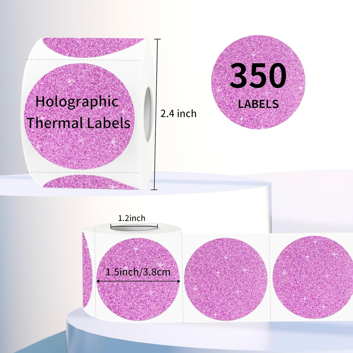 1.5" Holographic Direct Thermal Label Stickers, Round Printable Rainbow Glitter Thermal Printer Sticker Labels for Gift Wrapping, Self-Adhesive DIY Custom Logo Design- Glitter Pink