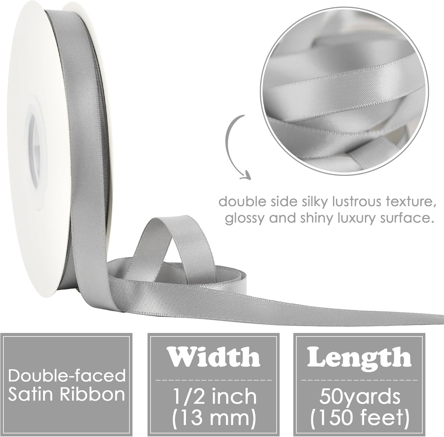 HUIHUANG Silver Ribbon 1/2 inch Continuous 50 Yards Silver Double-Faced Satin Ribbon for Gift Wrapping, Bows, DIY Crafts, Flower Bouquet, Wedding Decor, Christmas Holiday Decor