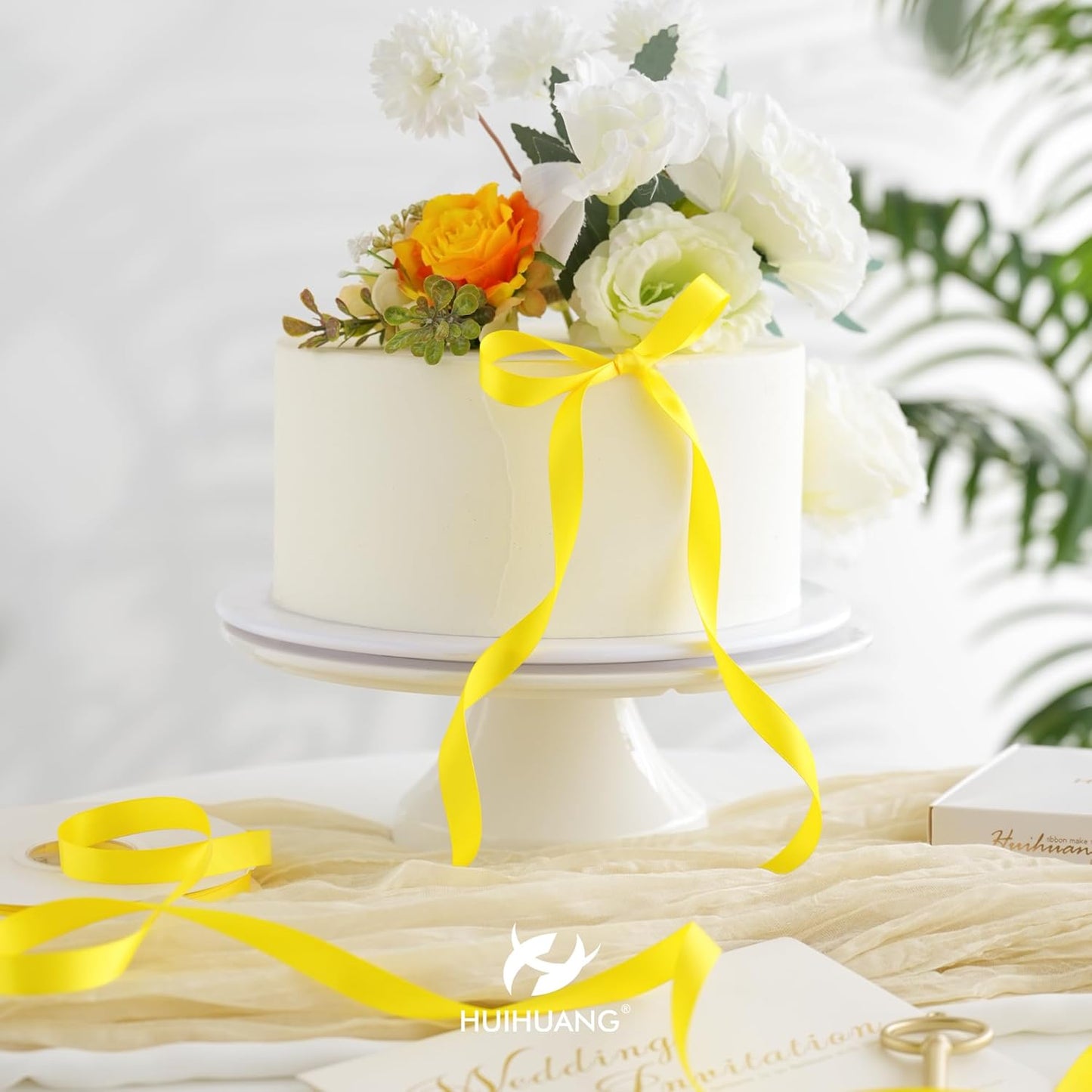 HUIHUANG Yellow Ribbon 1/2 inch Continuous 50 Yards Double-Faced Satin Ribbon for Gift Wrapping, Bows, DIY Crafts, Flower Bouquet, Wedding Decor, Holiday Decor