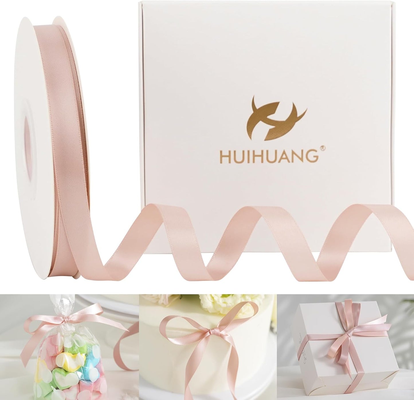 HUIHUANG Rose Gold Satin Ribbon 1/2 inch X 50 Yards Continuous, Rose Gold Pink Double-Faced Satin Ribbon for Gift Wrapping, Bows, DIY Crafts, Flower Bouquet, Wedding Decor, Christmas Decoration