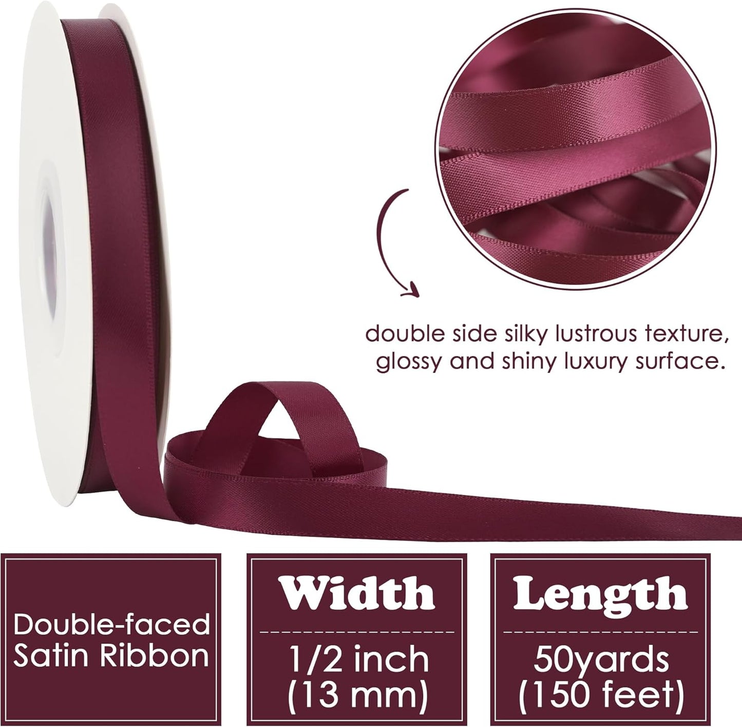 HUIHUANG Wine Red Satin Ribbon 1/2 inch X 50 Yards Continuous, Maroon Double-Faced Satin Ribbon for Gift Wrapping, Bows, DIY Crafts, Flower Bouquet, Wedding, Christmas Decor, Birthday
