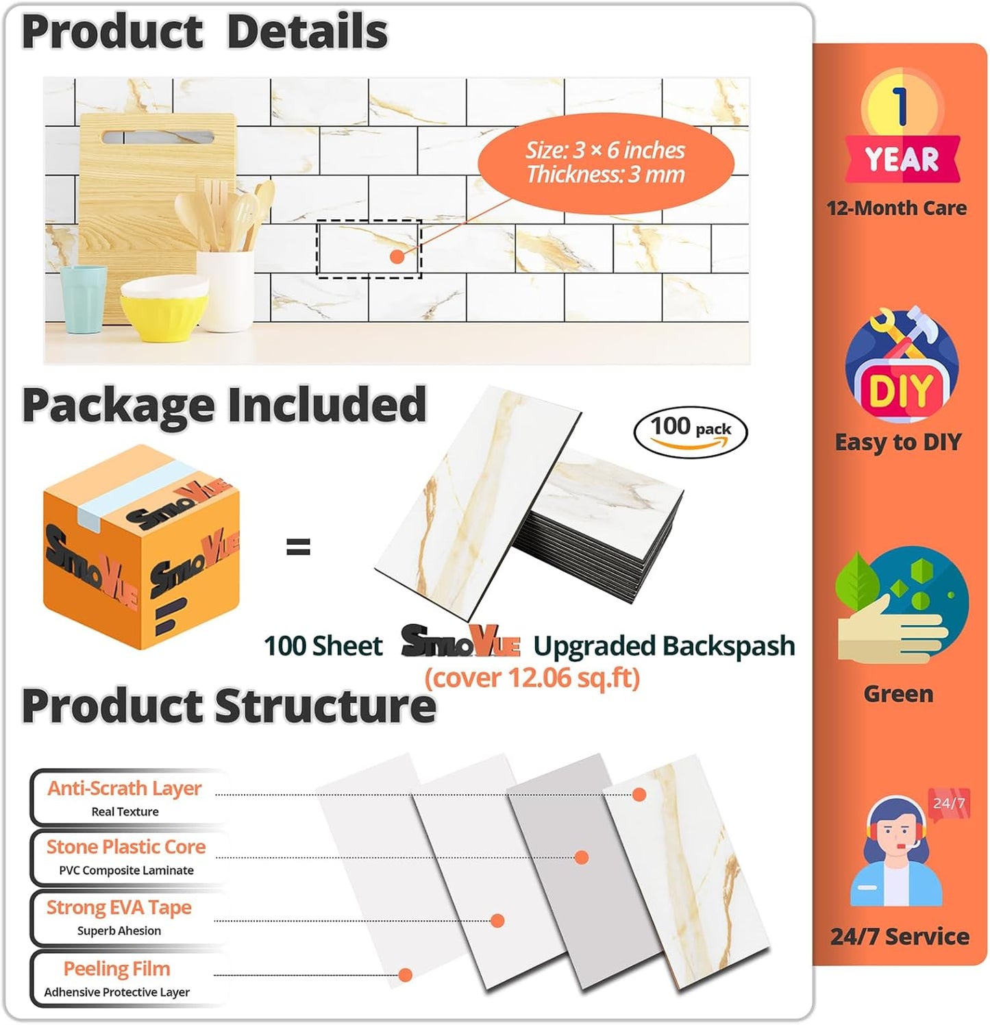 100 Pieces Peel and Stick Backsplash for Kitchen, 3" x 6" PVC Subway Tile Upgraded Calacatta Gold with Dark Gray Grout Backsplash Stick on Tile Elevate Kitchen, Bathroom, Fireplace,RV