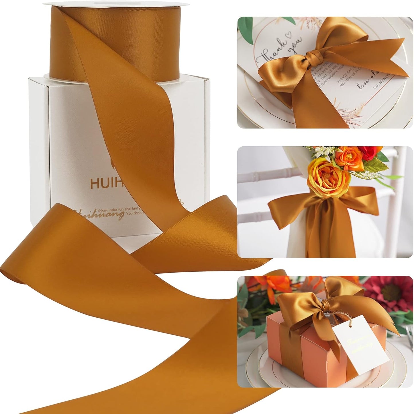 HUIHUANG Copper Satin Ribbon 2 Inch Wide Double Face for Flower Bouquet Wrap, Silk-Like for Crafts, Gift Wrapping, Wedding Bridal Holiday Decor, Bows Making - 25 Yards/Roll