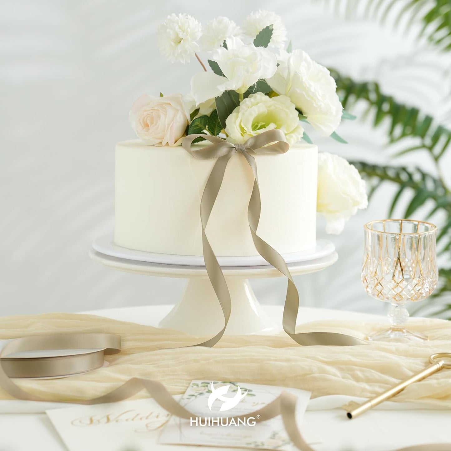 HUIHUANG Champagne Ribbon 1/2 inch X 50 Yards Continuous, Champagne Gold Double-Faced Satin Ribbon for Gift Wrapping, Bows, DIY Crafts, Flower Bouquet, Wedding Bridal Shower Decor