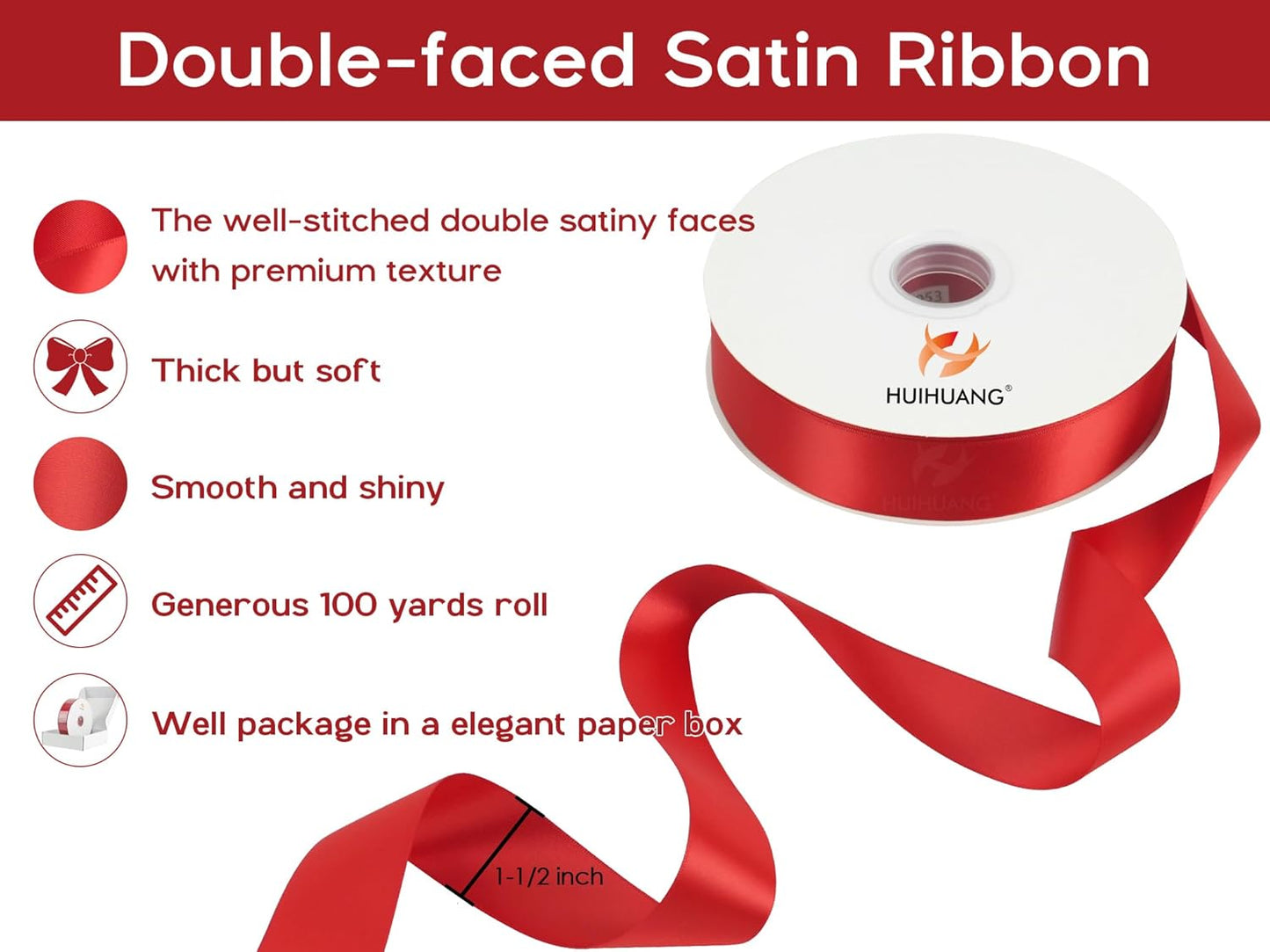 HUIHUANG Red Satin Ribbon 1-1/2 inch x 100 Yards Red Color Double-Faced Satin Ribbon for Christmas Gift Wrapping, Flower Bouquet, DIY Crafts, Bows, Valentine's Day Weddinbg Decor